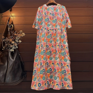 苎麻V领连衣裙夏季半袖复古盘扣宽松花色长裙休闲凉快知性文艺