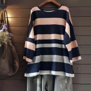 新款春装夏装宽松T恤女棉长款韩单卫衣条纹中