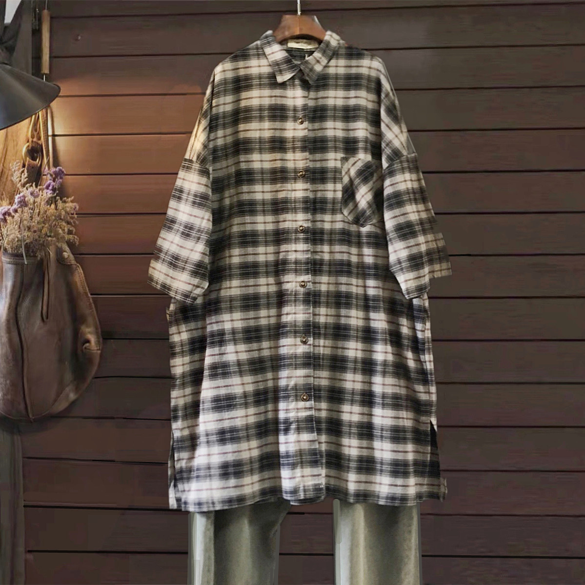 立领纯棉长款衬衫tiny cuttle春秋韩单宽松大码女上衣格子九分袖