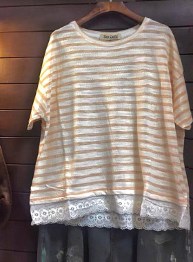 T恤夏装新宽松女纯棉短款短袖拼接条纹上衣TINY CUTTLE小鱼仔