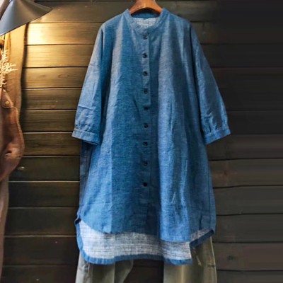 中袖前短后长衬衫宽松立领外套