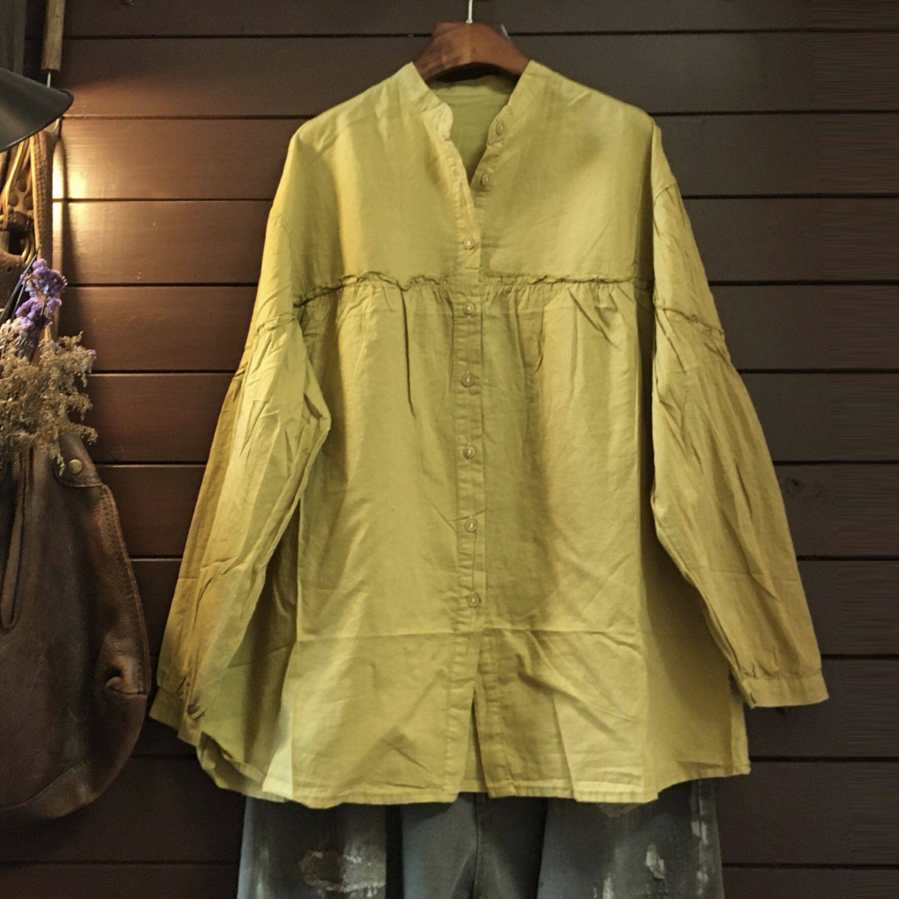 春秋夏季新款宽松大码恤衫薄款立领女纯棉长袖衬衫上衣