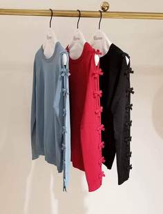 Red 18秋冬新款 女士蝴蝶结圆领长袖针织衫毛衣三色现货 81083