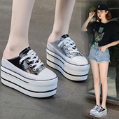 休闲内增高半拖 厚底夏季 10cm半托单鞋 女2026坡跟高跟真皮包头拖鞋