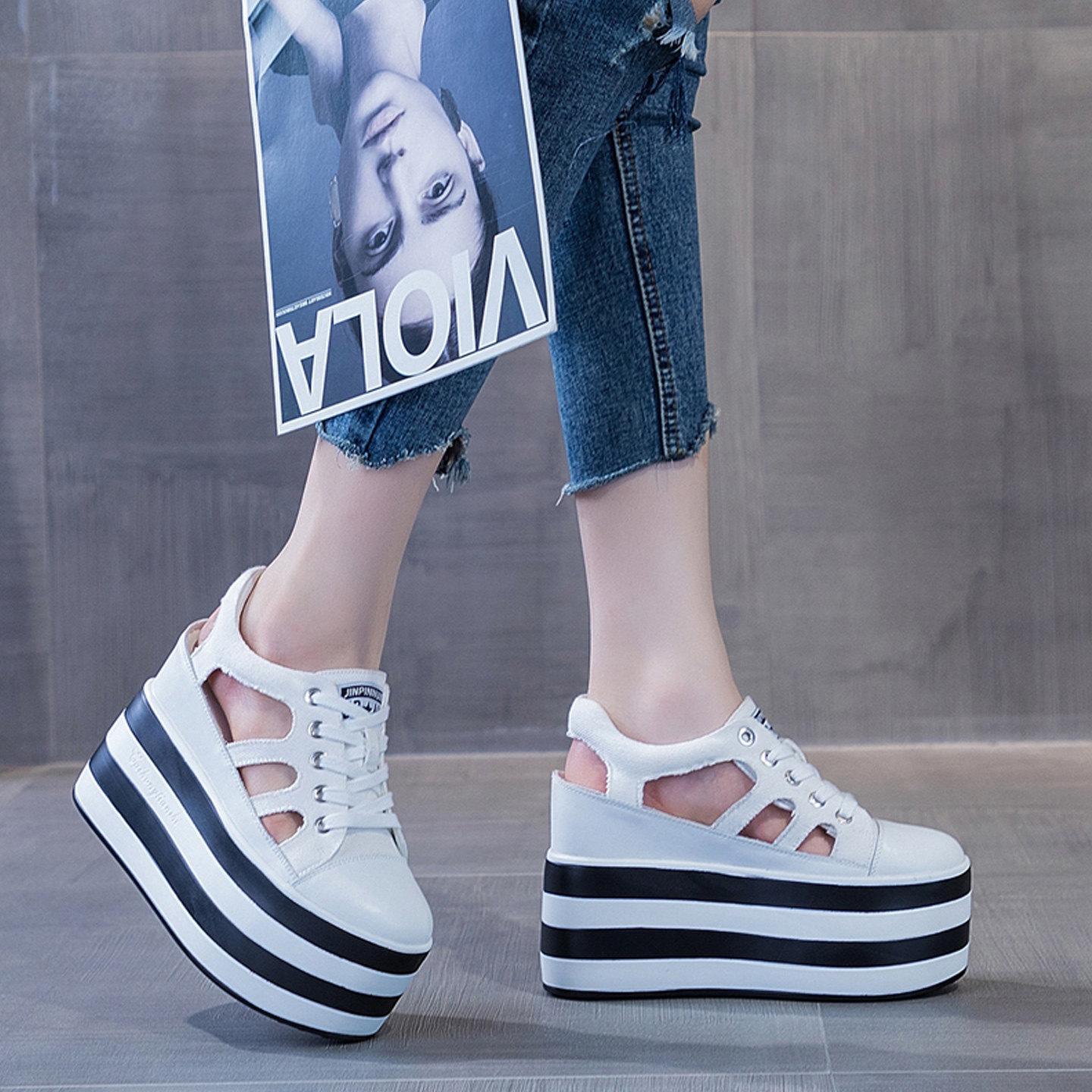 超厚底松糕12厘米cm公分镂空透气小白鞋不露脚趾帆布内增高凉鞋女