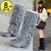 女士亮片裤 管靴2025秋冬新款 加绒长靴厚底内增高8cm骑士靴不过膝