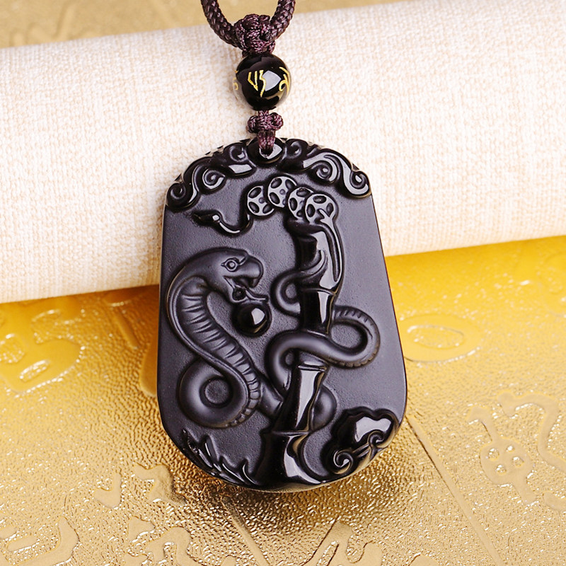 蛇吊坠黑曜石生肖属相属蛇佩戴蛇形项链灵蛇吉祥物蛇型挂件配饰品