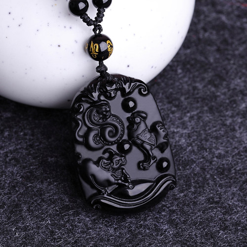 蛇鸡牛三合黑曜石巳酉丑依云吊坠