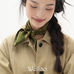 Weiliao 一束山茶格纹小方巾红绿丝巾围巾春天礼物真丝简约百搭