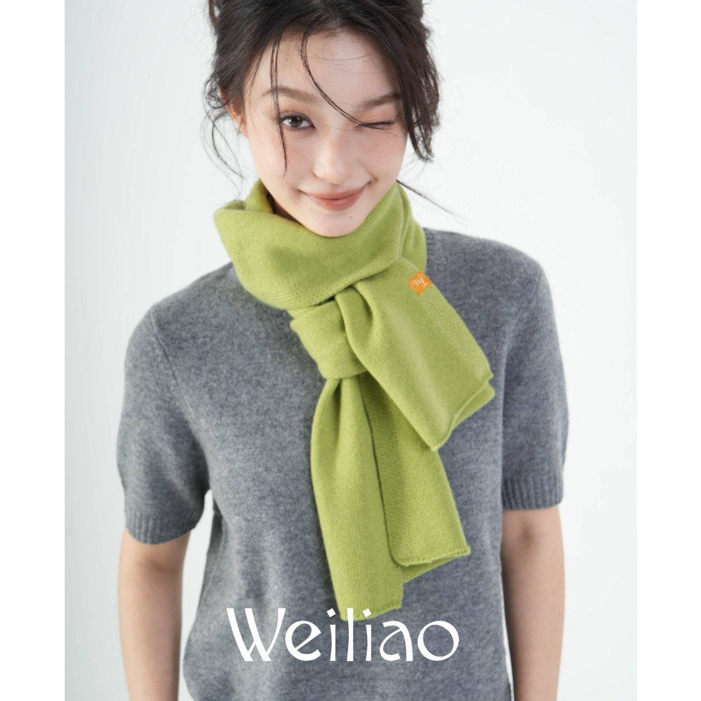 Weiliao 针织山羊绒围巾四色薰衣草紫绿焦糖橘黑灰条纹围巾