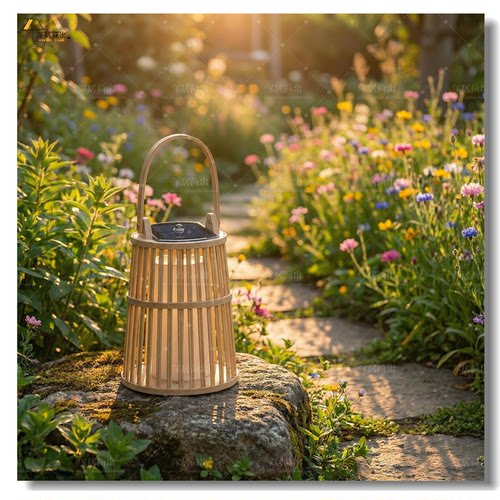 竹编手提台灯复古户外太阳能灯