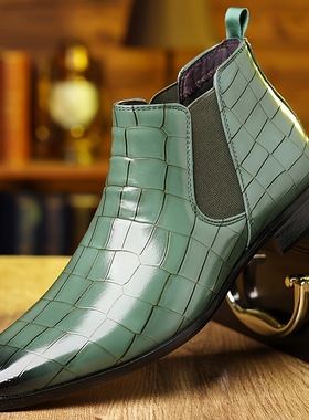 男士新款墨绿色格子纹漆皮擦色复古切尔西靴48特大码高端大气皮鞋