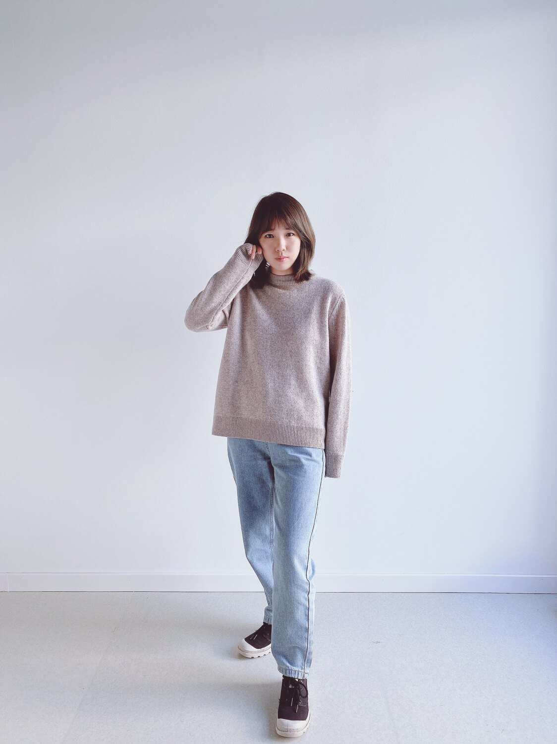 Warm Buds 2021秋季新款套头毛衣宽松外穿长袖杏色圆领羊毛毛衣女