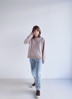 Warm Buds 2021秋季新款套头毛衣宽松外穿长袖杏色圆领羊毛毛衣女