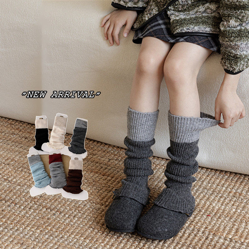 女童袜套秋冬韩版儿童针织羊毛加厚保暖小腿套洋气宝宝撞色堆堆袜