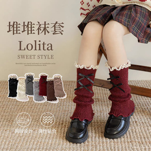 女童袜套红色新年冬季儿童蝴蝶结堆堆袜保暖短款女宝宝洛丽塔腿套