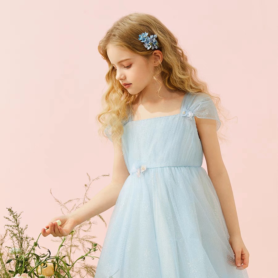 手工钉花蓝色网纱连衣裙