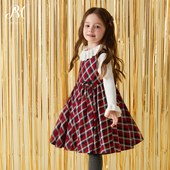 ·白色荷叶领针织衫 Petite Marguerite小雏菊童装 红色格子背心裙
