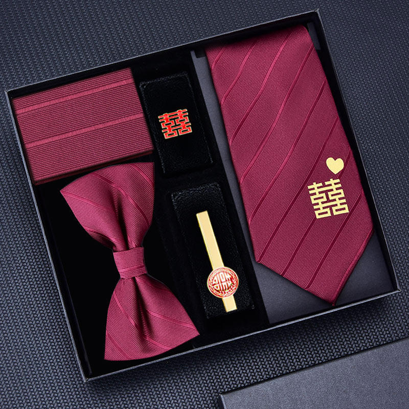 【礼盒装】结婚新郎领带红色领结口袋巾领带夹胸针套装男拉链时尚