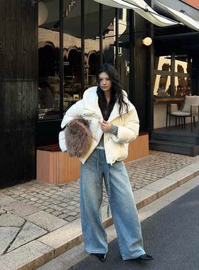 ANAN&ANNA冬季新款复古水洗烫钻阔腿裤加绒加厚牛仔裤  G-1898#