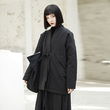 SIMPLE 日系复古和服风格 BLACK 大口袋宽松系带棉衣棉服外套