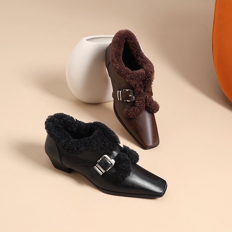 保暖加绒舒适低跟真皮深口单鞋