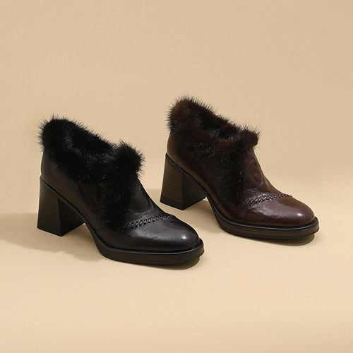 加绒复古保暖小皮鞋毛毛领深口鞋