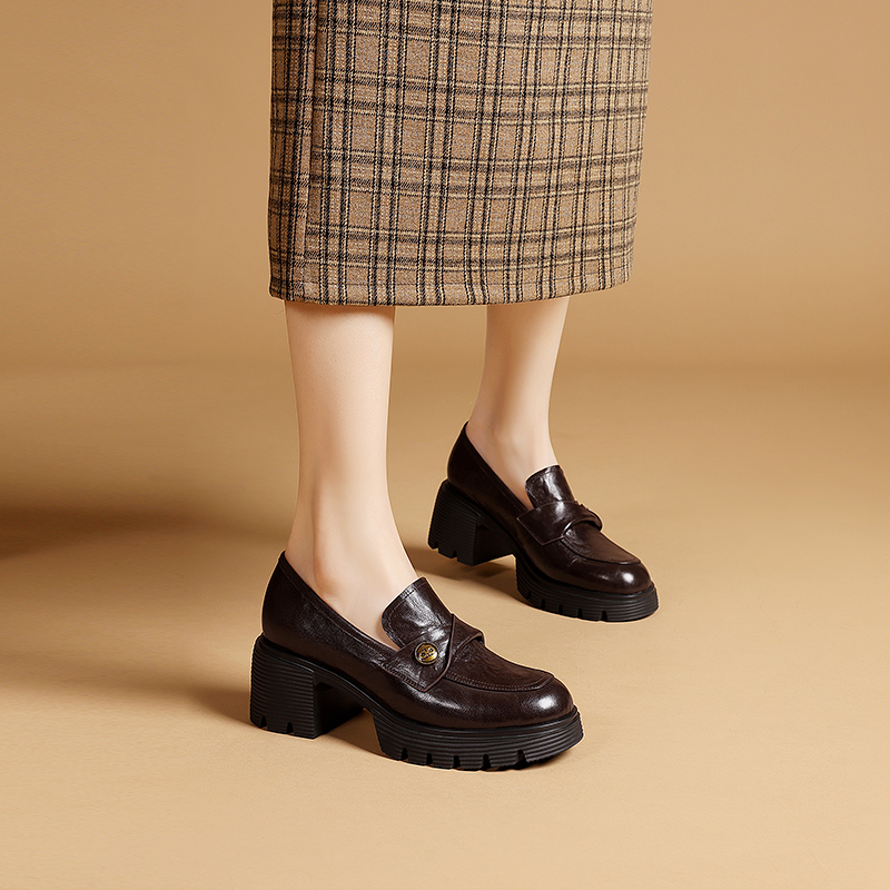 复古打蜡羊皮厚底防水台乐福鞋