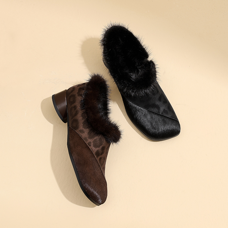 豹纹拼接加绒拉链毛毛单鞋小皮鞋