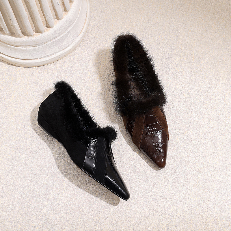 羊皮拼接水貂毛毛毛领单鞋
