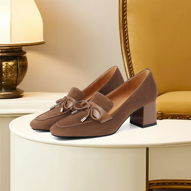 新款羊翻皮蝴蝶结方头乐福鞋单鞋