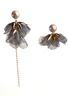 YOUR EARS原创手作灰色花朵耳饰百搭仙女气质夸张大花布艺耳环