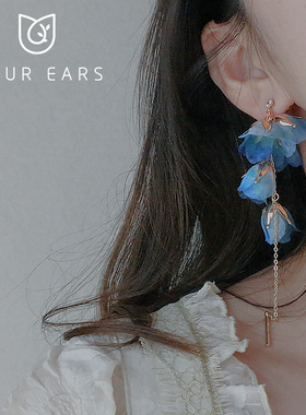 YOUR EARS原创设计蓝色花朵耳夹无耳洞仙女气质长款耳饰耳线耳挂