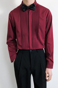 714B/9207P45学院文艺风2025春男士斯文礼服衬衫衬衣酒红S-5XL图片