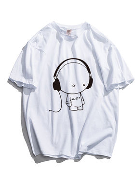 耳机音乐卡通人可爱简约短袖T恤男女情侣2025新款纯棉宽松大码