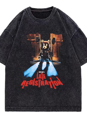 Kanye west坎爷辍学熊短袖T恤男2025夏季新款水洗上衣美式嘻哈潮