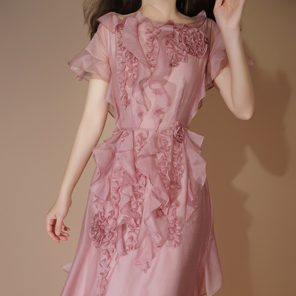 兰奕屋语连衣裙荷叶边花朵仙女图片
