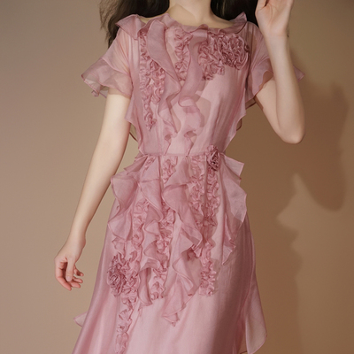 兰奕屋语连衣裙荷叶边花朵仙女