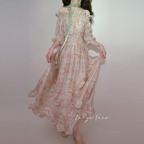 兰奕屋语原创设计 水粉玫瑰印花露肩两穿长裙 仙女风一字肩荷叶边