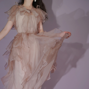 兰奕屋语原创设计 烟粉色真丝荷叶边半透明长连衣裙 仙女飘逸温柔