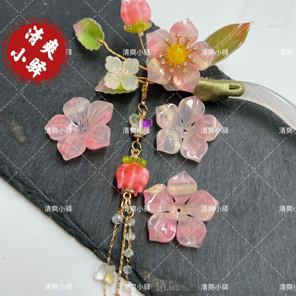 立体中孔醋酸五瓣大桃花 高品质醋酸花朵diy汉服发簪发夹材料配件