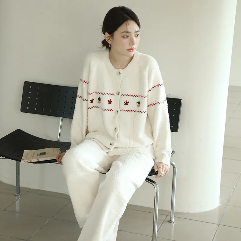 冬季韩系甜美手钩花插肩开衫软绵绵睡衣 加厚保暖半边绒家居服女