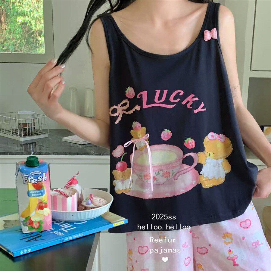 Reefur Rinka梨花家夏季薄青年女睡衣U领蝴蝶结背心短裤印花卡通
