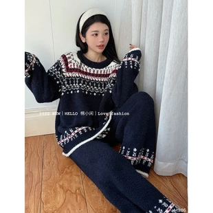 费尔岛慵懒风韩系软绵绵家居服提花女秋冬半边绒羽毛纱棉小闲睡衣