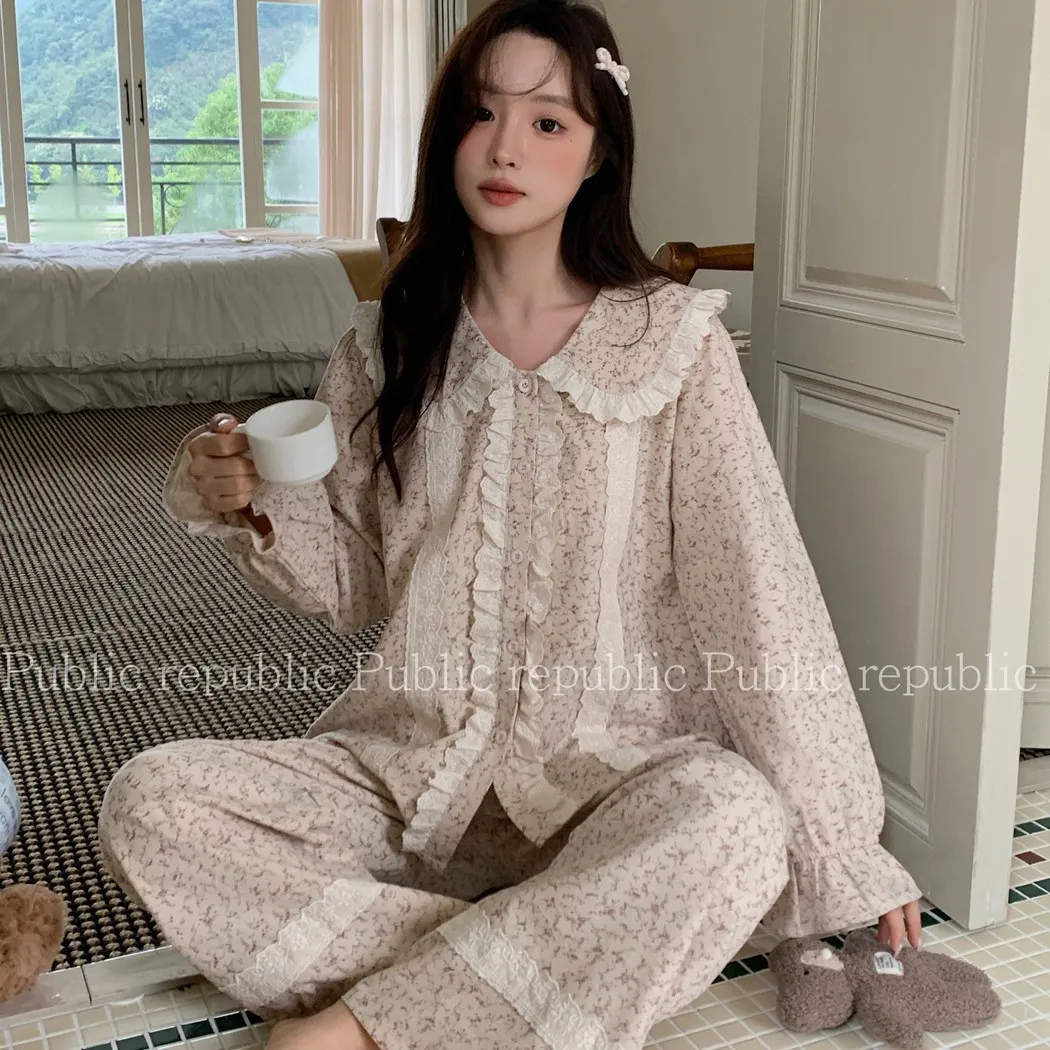 春季新品韩系宫廷风甜美碎花花边大翻领开衫磨毛棉睡衣长袖家居服