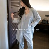 艾蕾 性感纯欲三件套丝棉睡衣 花边吊带睡袍长裤 春秋 高级轻奢法式