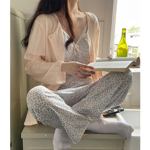 春秋 韩系纯欲甜美碎花开衫外套吊带睡衣提花针织棉三件套家居服