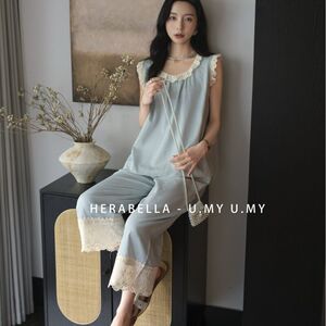 艾蕾 夏季高级轻奢镂空花边圆领 无袖长裤法式温柔丝棉睡衣家居服