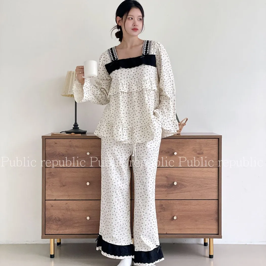 春季新品 韩系甜美宫廷风磨毛纯棉蕾丝花边方领睡衣小碎花家居服