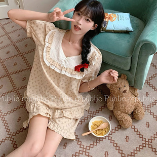 public re public韩国可爱纯棉小熊女士泡泡袖睡衣家居服套装